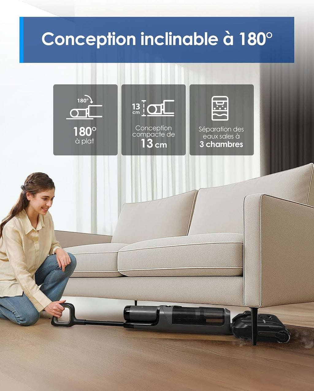 Aspirateur Laveur sans Fil 20 000Pa Plat à 180° 220W Gris