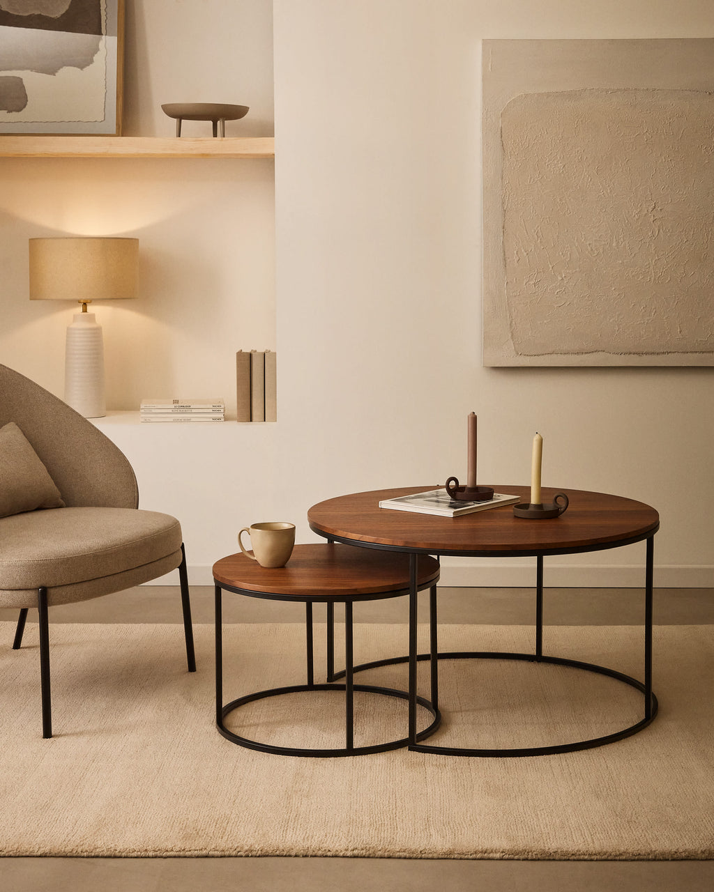 Yoana Ensemble 2 Tables d'Appoint Gigognes en Bois et Métal Ø 80 cm / Ø 50 cm
