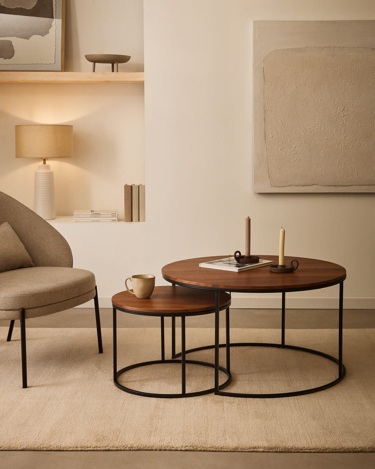 Yoana Ensemble 2 Tables d'Appoint Gigognes en Bois et Métal Ø 80 cm / Ø 50 cm