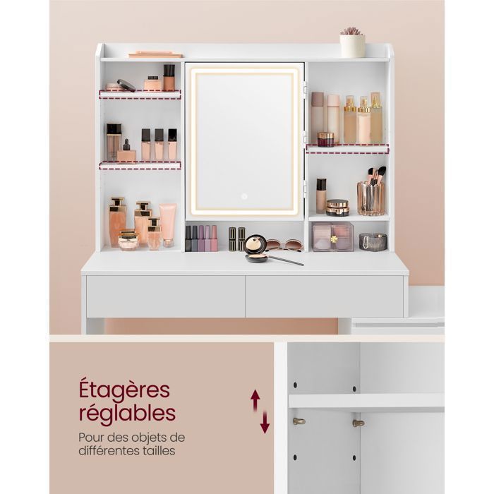 Coiffeuse Contemporaine avec Miroir LED 6 Tiroirs 118x40 cm