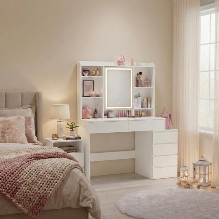 Coiffeuse Contemporaine avec Miroir LED 6 Tiroirs 118x40 cm