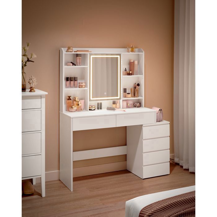 Coiffeuse Contemporaine avec Miroir LED 6 Tiroirs 118x40 cm