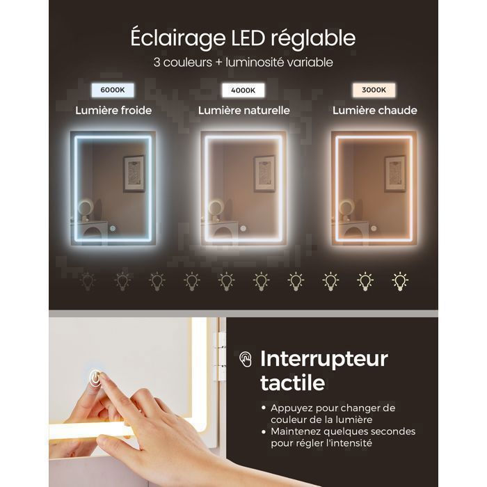 Coiffeuse Contemporaine avec Miroir LED 6 Tiroirs 118x40 cm