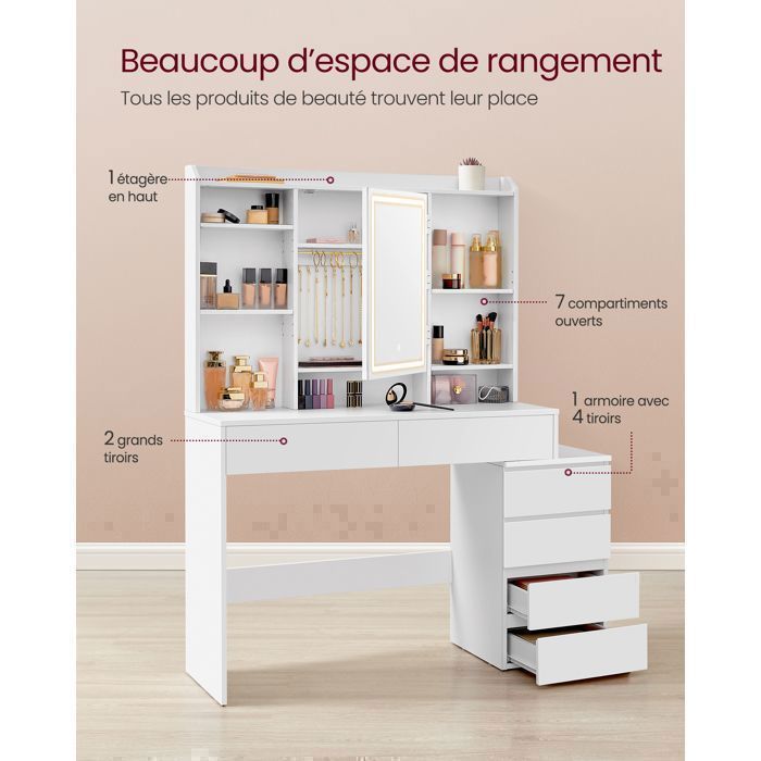 Coiffeuse Contemporaine avec Miroir LED 6 Tiroirs 118x40 cm
