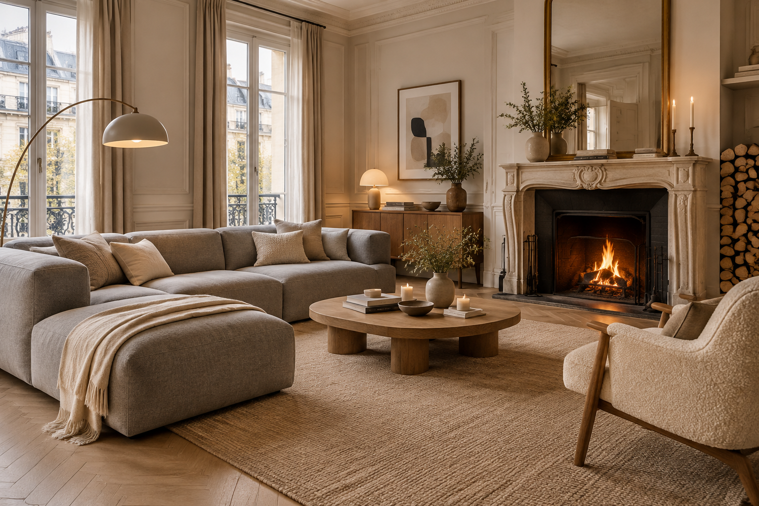 Intérieur chaleureux avec canapé et cheminée