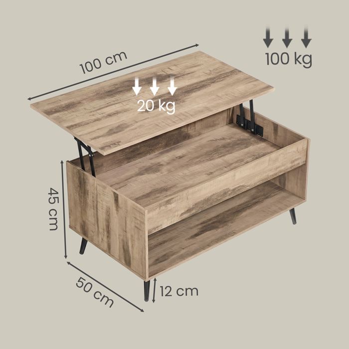 Table Basse Relevable avec Rangement 100x50 cm